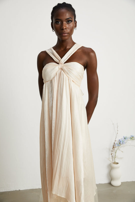 Teresa Halterneck Midi Dress in Neutrals crafted from 100% Terylene with lace trim and A-line silhouette