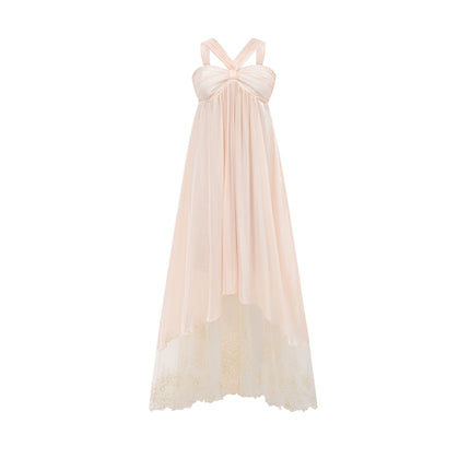 Teresa Halterneck Midi Dress in Neutrals crafted from 100% Terylene with lace trim and A-line silhouette