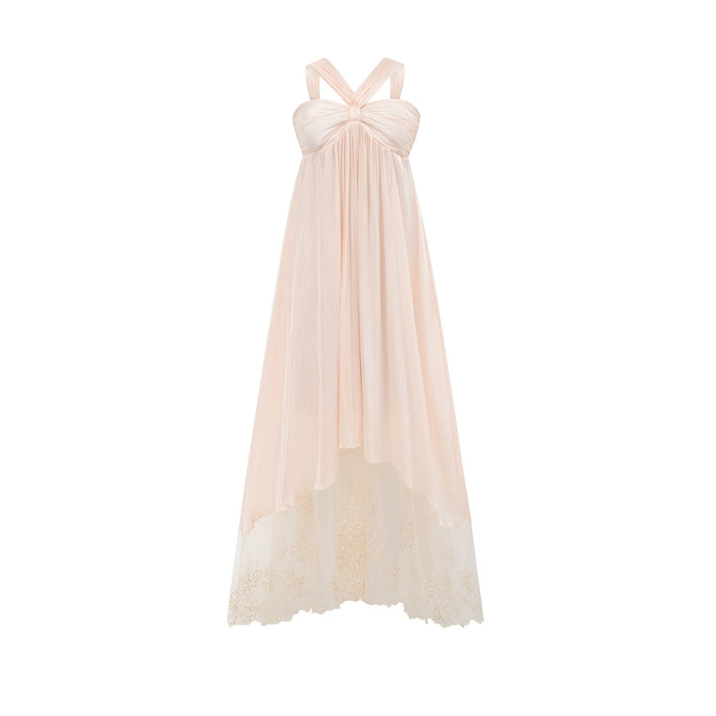 Teresa Halterneck Midi Dress in Neutrals crafted from 100% Terylene with lace trim and A-line silhouette