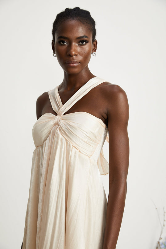 Teresa Halterneck Midi Dress in Neutrals crafted from 100% Terylene with lace trim and A-line silhouette