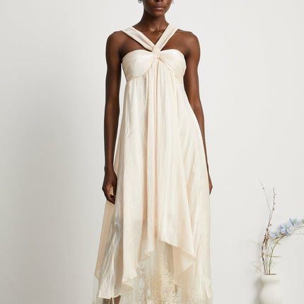 Teresa Halterneck Midi Dress in Neutrals Terylene Lace Trim A-line Square Neck Rear Zip Fastening Statement Piece