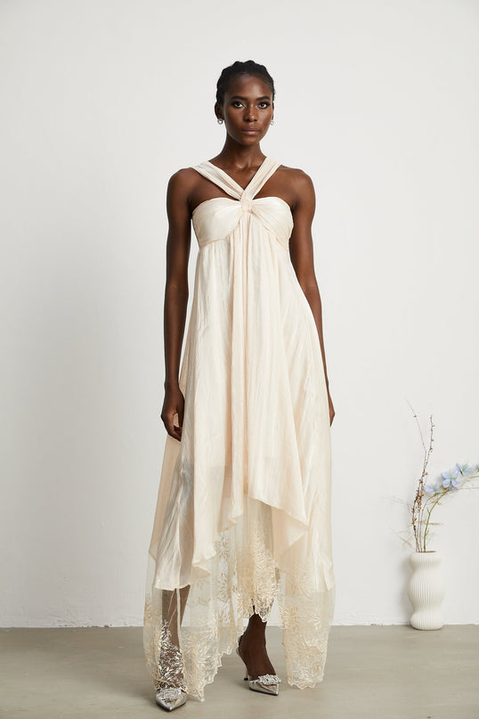 Teresa Halterneck Midi Dress in Neutrals Terylene Lace Trim A-line Square Neck Rear Zip Fastening Statement Piece