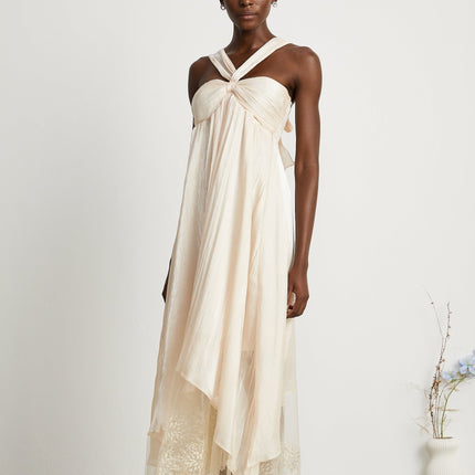 Teresa Halterneck Midi Dress in Neutrals crafted from 100% Terylene with lace trim and A-line silhouette