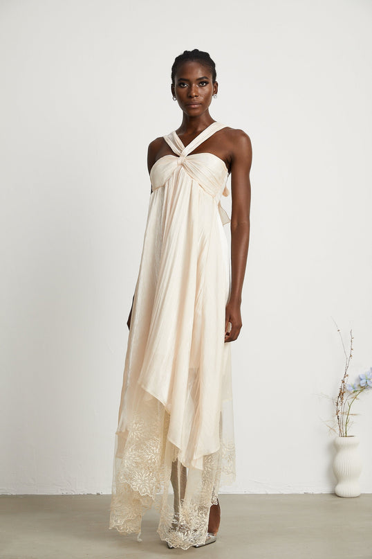 Teresa Halterneck Midi Dress in Neutrals crafted from 100% Terylene with lace trim and A-line silhouette