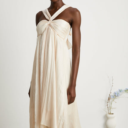 Teresa Halterneck Midi Dress in Neutrals crafted from 100% Terylene with lace trim and A-line silhouette