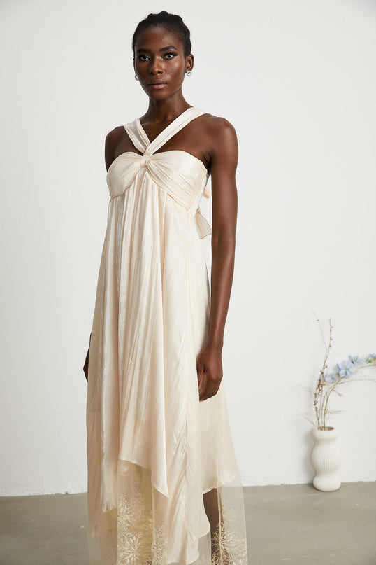 Teresa Halterneck Midi Dress in Neutrals crafted from 100% Terylene with lace trim and A-line silhouette