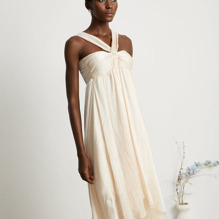 Teresa Halterneck Midi Dress in Neutrals crafted from Terylene with lace trim and A-line silhouette