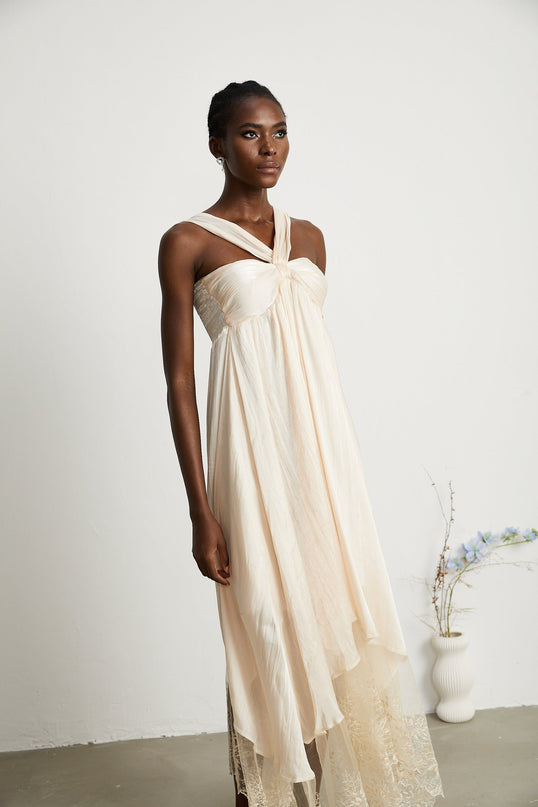 Teresa Halterneck Midi Dress in Neutrals crafted from Terylene with lace trim and A-line silhouette