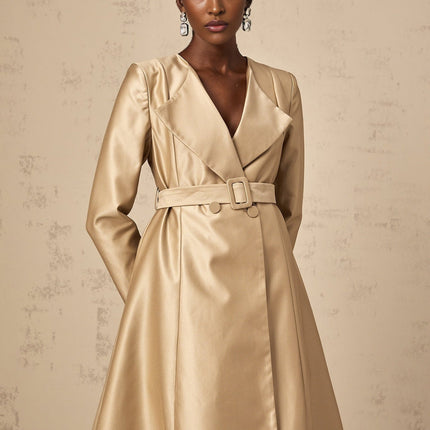 Teresa Khaki Satin V-Neck Coat with Lapels and Belted Waist
