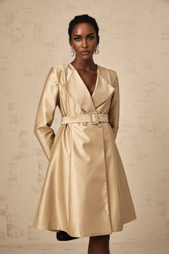 Teresa Khaki Satin V-Neck Coat with Lapels and Belted Waist