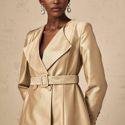 Teresa Khaki Satin V-Neck Belted Coat