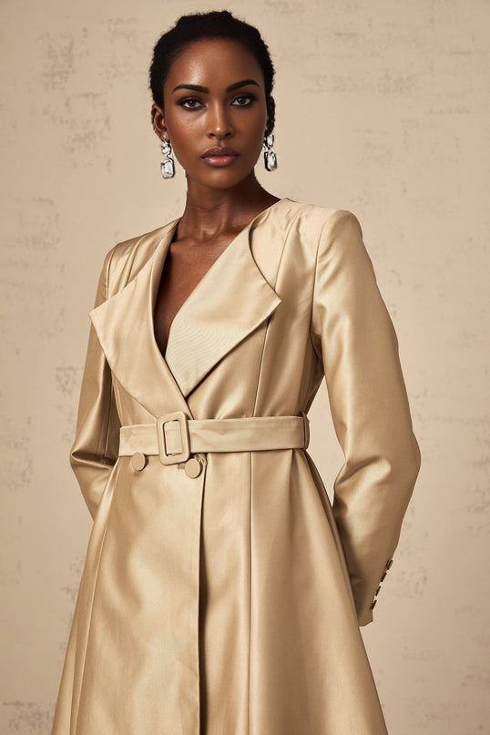 Teresa Khaki Satin V-Neck Belted Coat