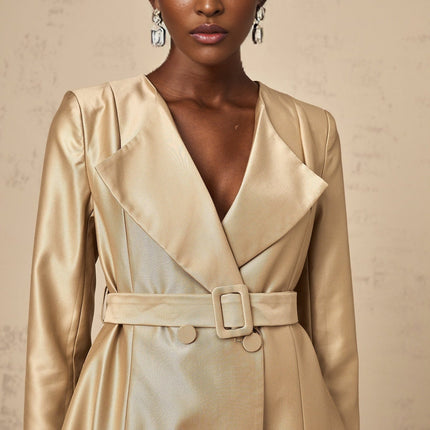 Teresa Khaki Satin V-Neck Coat