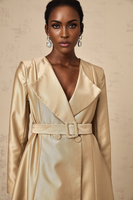 Teresa Khaki Satin V-Neck Coat