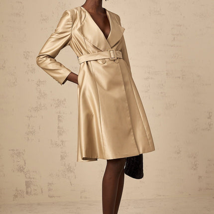 Teresa Khaki Satin V-Neck Coat with Lapels and Belted Waist