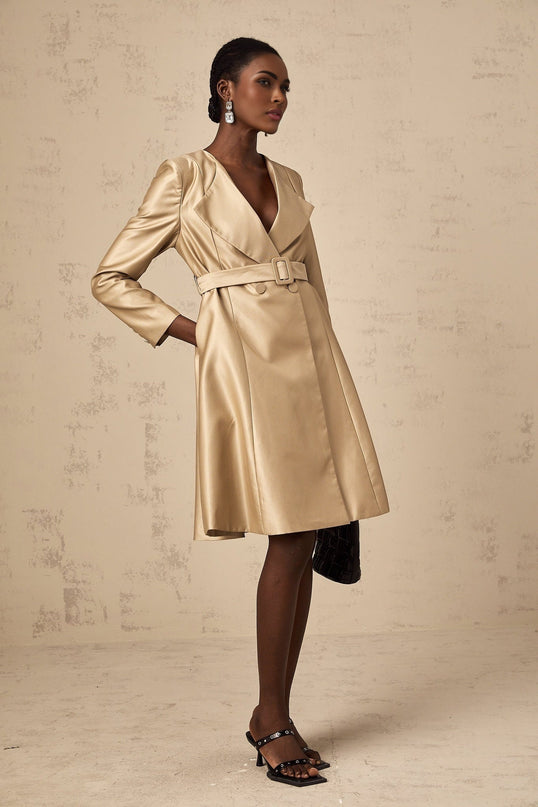 Teresa Khaki Satin V-Neck Coat with Lapels and Belted Waist