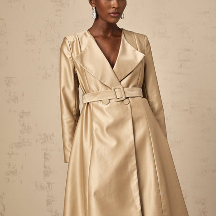 Teresa Khaki Satin V-Neck Coat with Lapels and Belted Waist