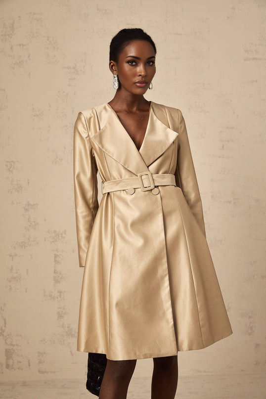 Teresa Khaki Satin V-Neck Coat with Lapels and Belted Waist