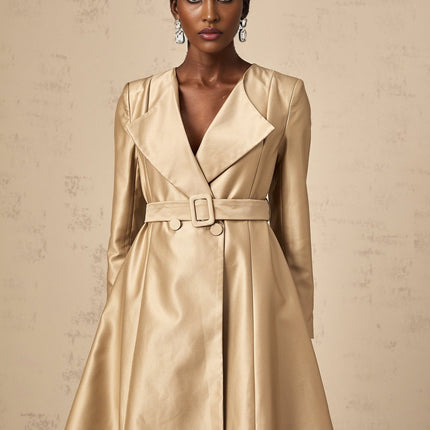 Teresa Khaki Satin V-Neck Coat
