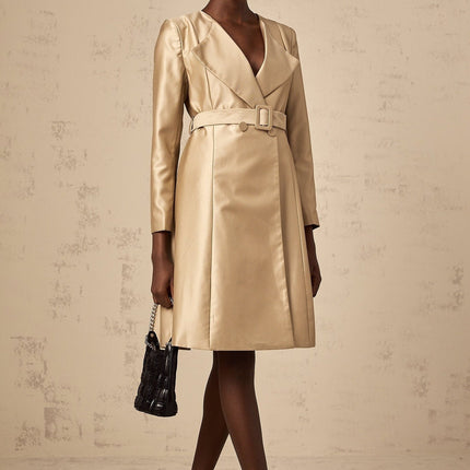 Teresa Khaki Satin V-Neck Coat with Belted Waist and Button Fastening