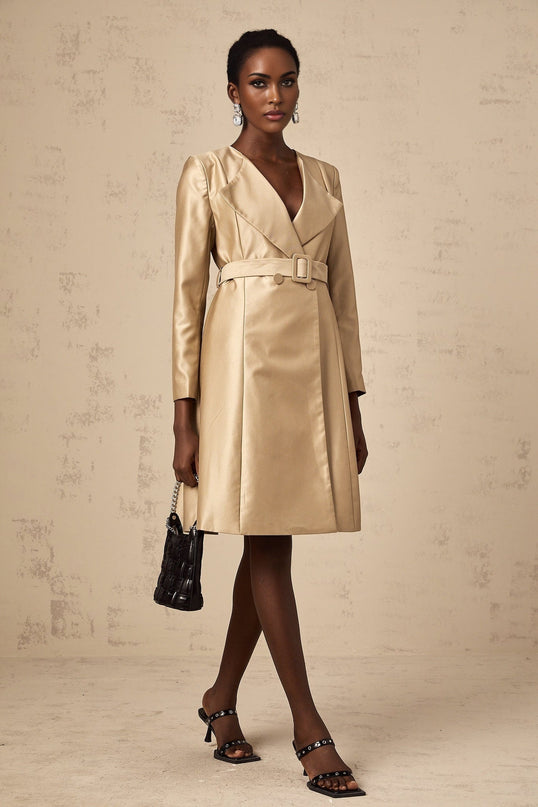 Teresa Khaki Satin V-Neck Coat with Belted Waist and Button Fastening