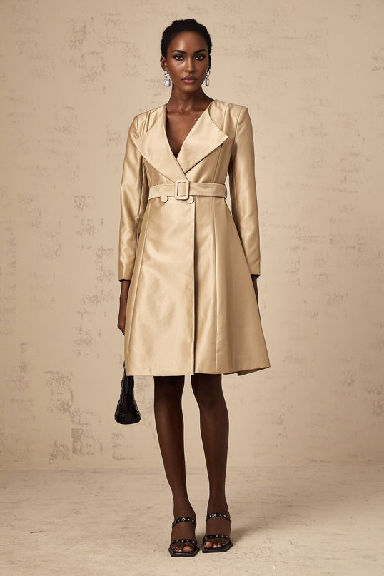 Teresa Khaki Satin V-Neck Coat