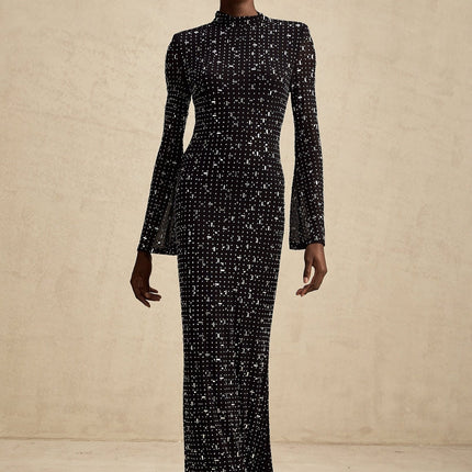 Teresa Maxi Dress Black Crystal Embellished Flared Cuffs Terylene Fiber Mock Neck Long Sleeves Maxi Length Semi-Sheer Glamorous Sophisticated Elegant Opulent Special Occasion Soiree Red-Carpet Event Fashion Connoisseur