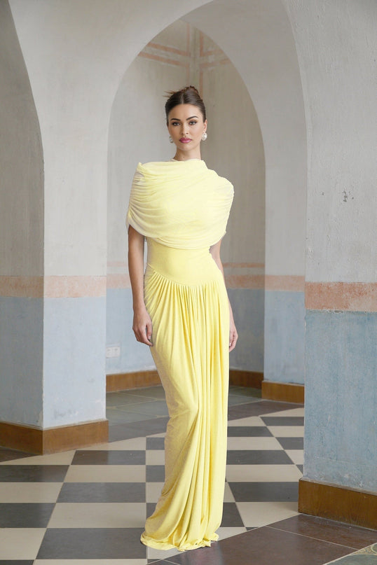 Teresa Maxi Dress Yellow Mesh Pleated Draped Crew Neck Sleeveless Shawl Elegant Chic Floor Length Special Occasions Polyamide Elastane