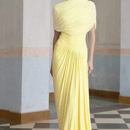Teresa Maxi Dress in Yellow Mesh with Pleated Detailing and Draped Accents
