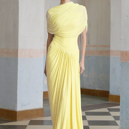 Teresa Maxi Dress Yellow Mesh Pleated Asymmetrical Sleeveless Shawl Floor Length Elegant