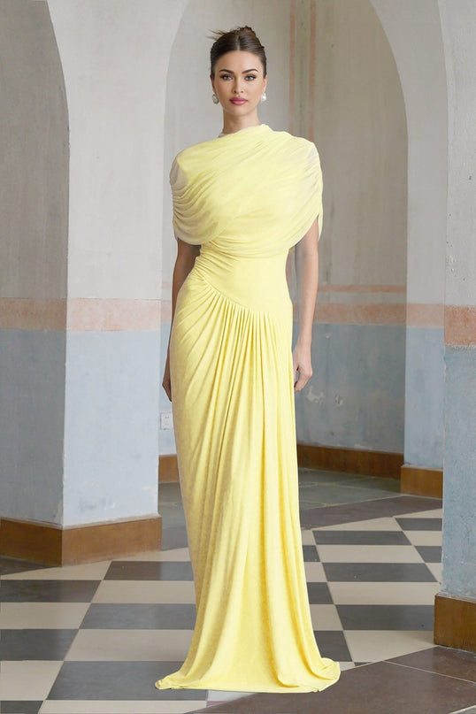 Teresa Maxi Dress Yellow Mesh Pleated Asymmetrical Sleeveless Shawl Floor Length Elegant