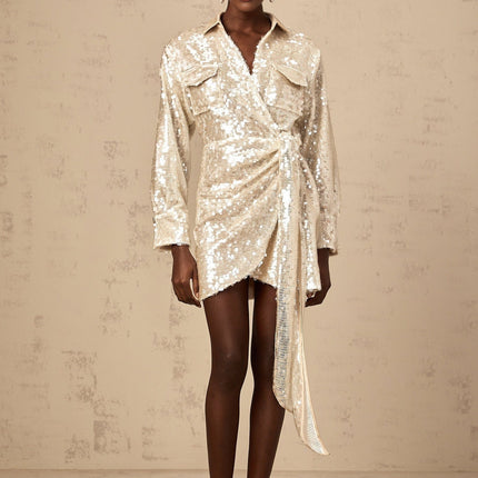 Teresa Mini Dress Neutrals Sequin Embellished Long Sleeve Wrap Design