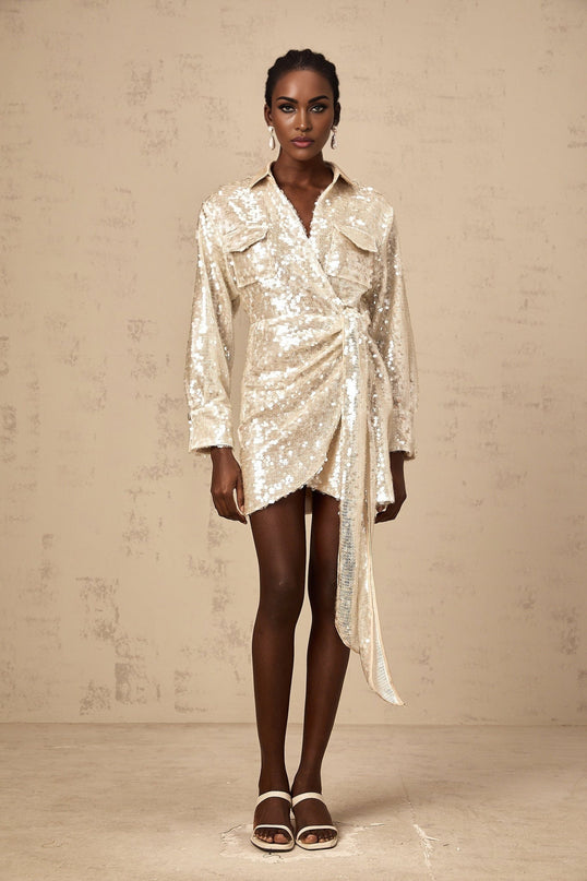Teresa Mini Dress Neutrals Sequin Embellished Long Sleeve Wrap Design