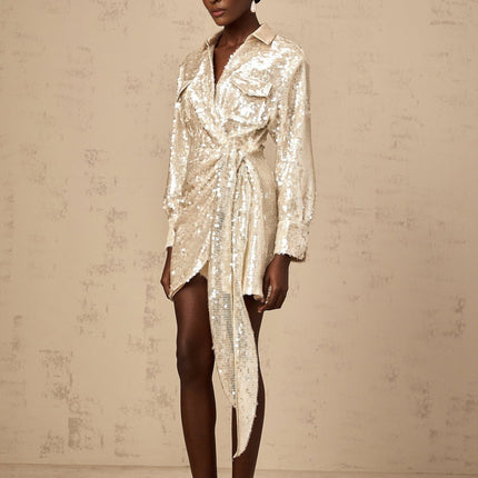 Teresa Mini Dress Neutrals Sequin Embellished Long Sleeve Wrap Design