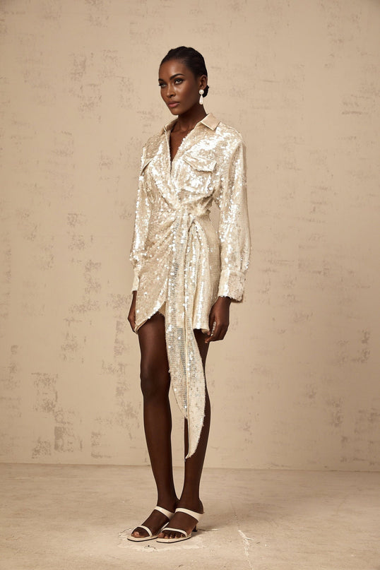 Teresa Mini Dress Neutrals Sequin Embellished Long Sleeve Wrap Design
