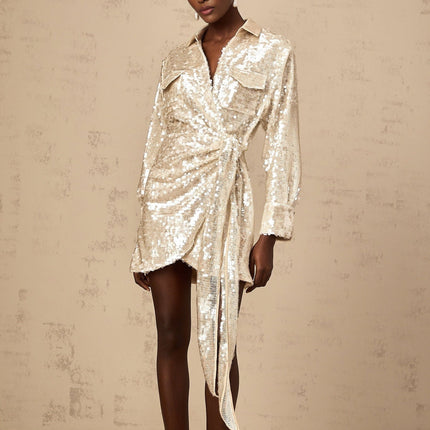 Teresa Mini Dress Neutrals Sequin Embellishments Long Sleeves Wrap Design Chest Flap Pockets Handmade Sequins