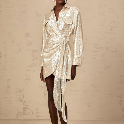 Teresa Neutrals Sequin Embellished Mini Dress with Classic Collar and Handmade Details