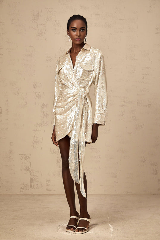 Teresa Neutrals Sequin Embellished Mini Dress with Classic Collar and Handmade Details