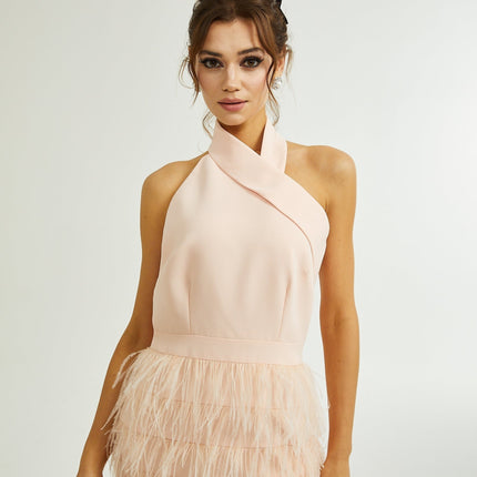 Teresa Pink Feather Tassel Halter Neck Dress
