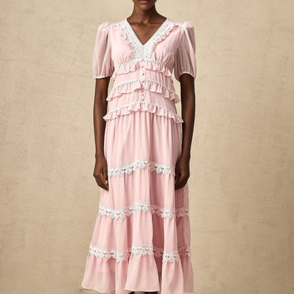Teresa Pink Lace Ruffle Midi Dress V-Neck Puff Sleeves Tiered Design
