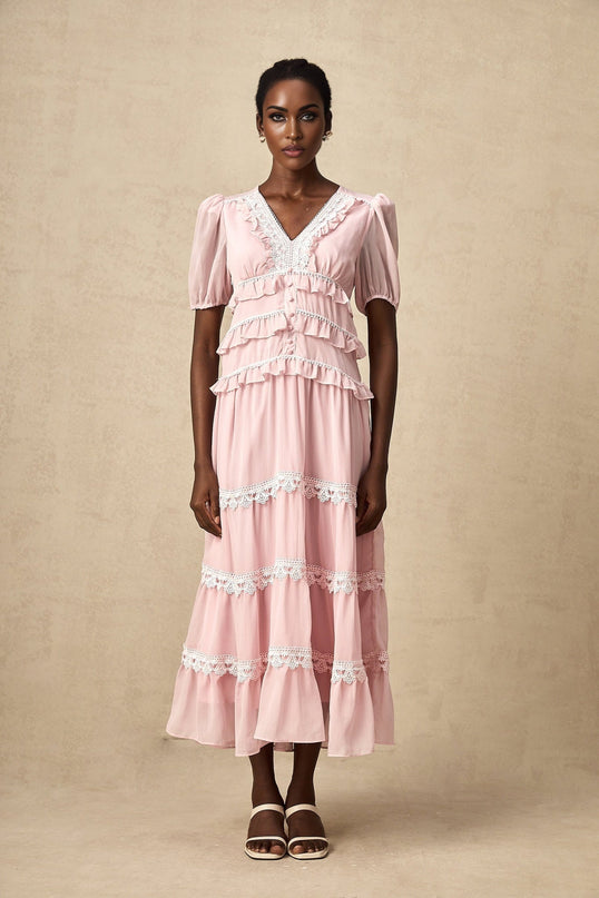 Teresa Pink Lace Ruffle Midi Dress V-Neck Puff Sleeves Tiered Design