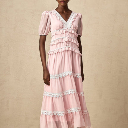 Teresa Pink Lace Trim Midi Dress with Puff Sleeves and Ruffle Details