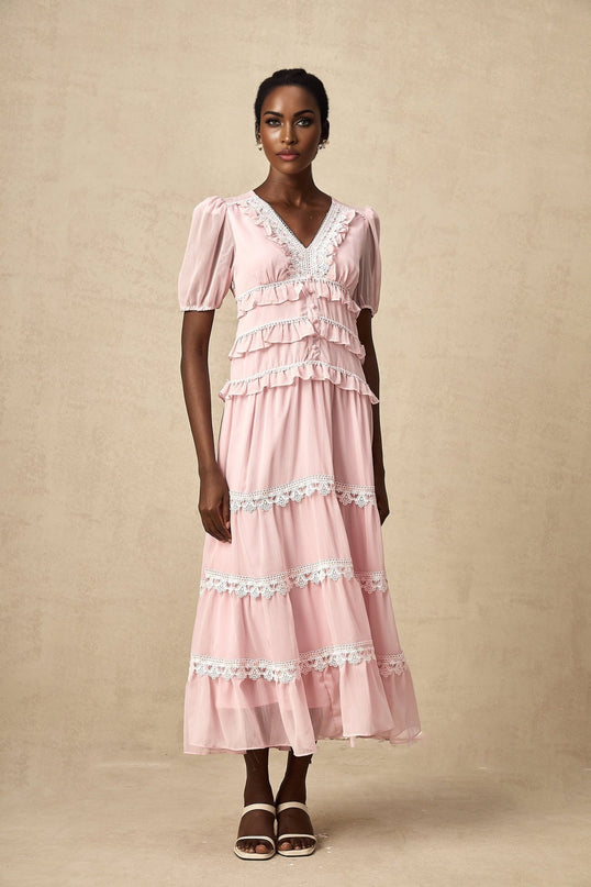 Teresa Pink Lace Trim Midi Dress with Puff Sleeves and Ruffle Details