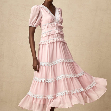Teresa Pink Lace Trim Midi Dress