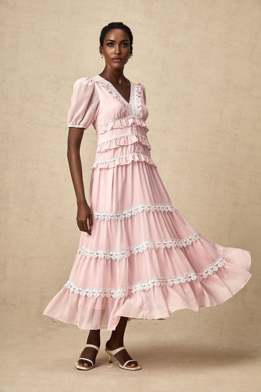 Teresa Pink Lace Trim Midi Dress