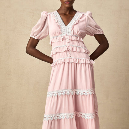 Teresa Pink Lace Trim Midi Dress