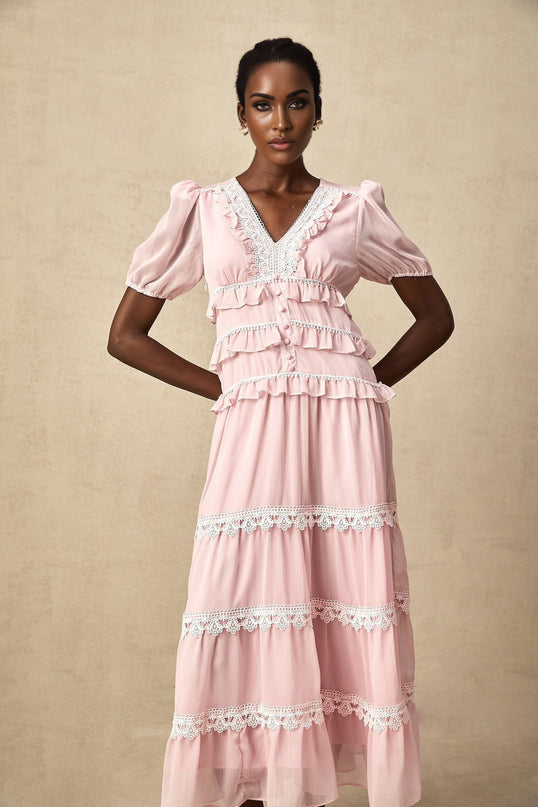 Teresa Pink Lace Trim Midi Dress