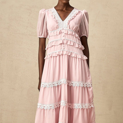 Teresa Pink Lace Trim Tiered Midi Dress