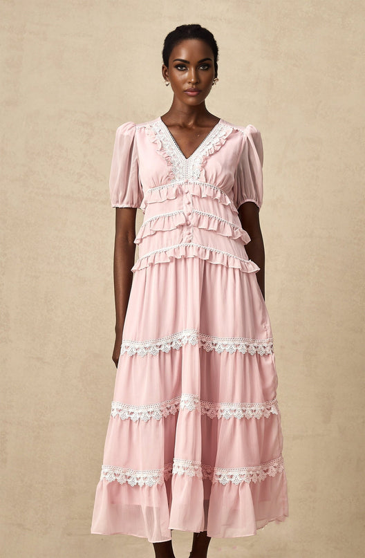 Teresa Pink Lace Trim Tiered Midi Dress