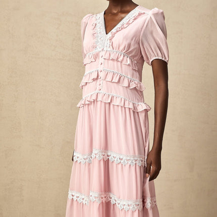 Teresa Pink Lace Trim Tiered Midi Dress